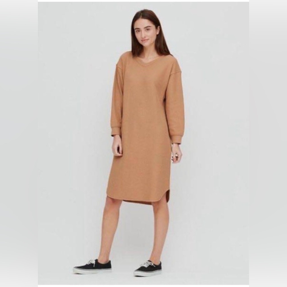 UNIQLO Beige Waffle Knit V-Neck Long Sleeve Midi Dress Essential Tunic Size XS